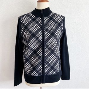 Pendleton merino wool zip up cardigan sweater black white plaid small